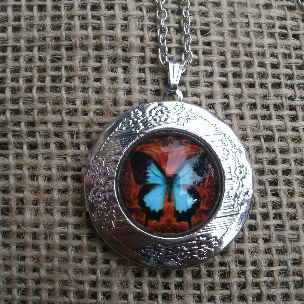 Blue Morpho Butterfly Locket Pendant Necklace